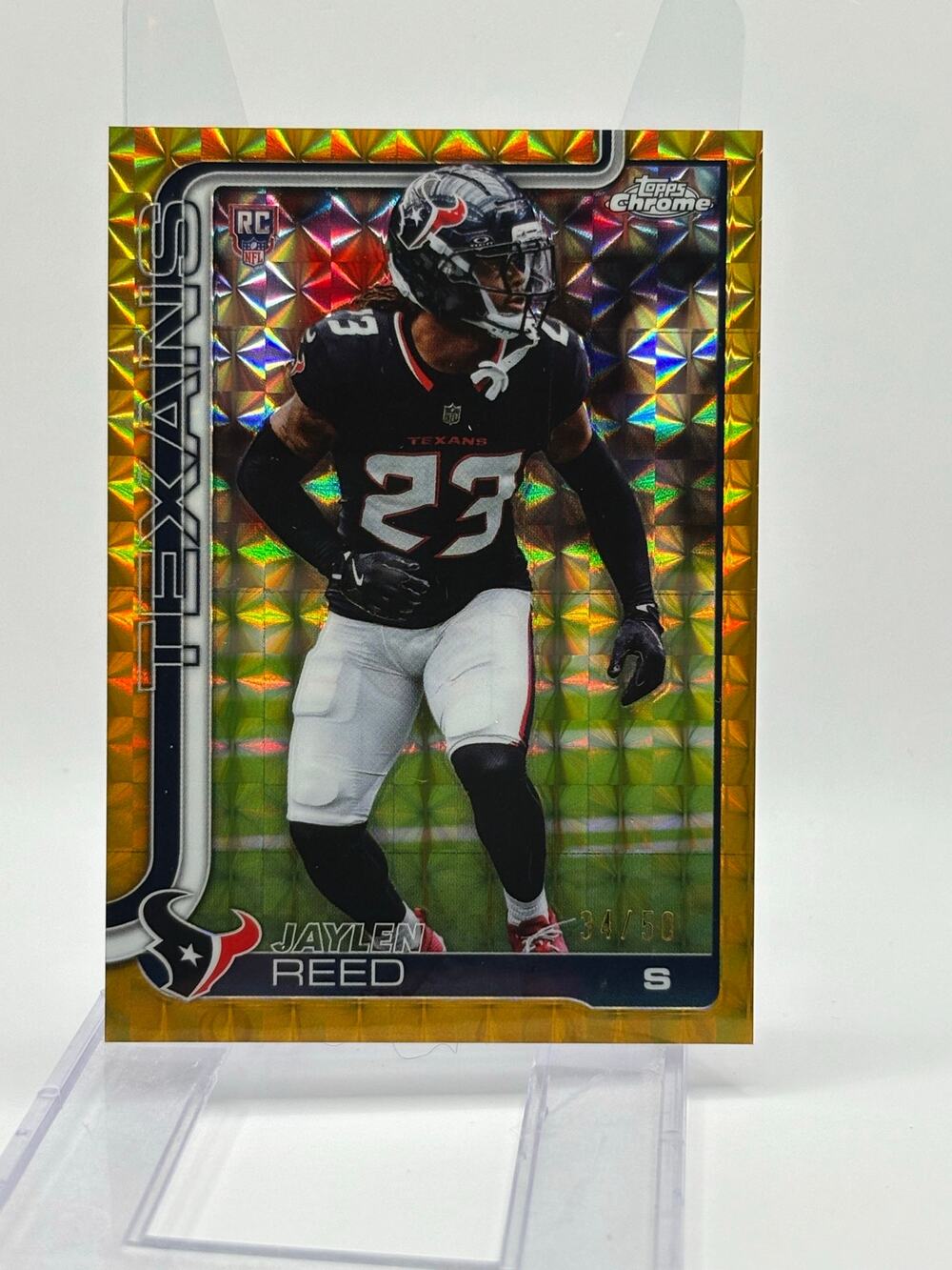 2025 Topps Chrome Jaylen Reed Rookie Gold Geometric Refractor 34/50 SP Texans RC